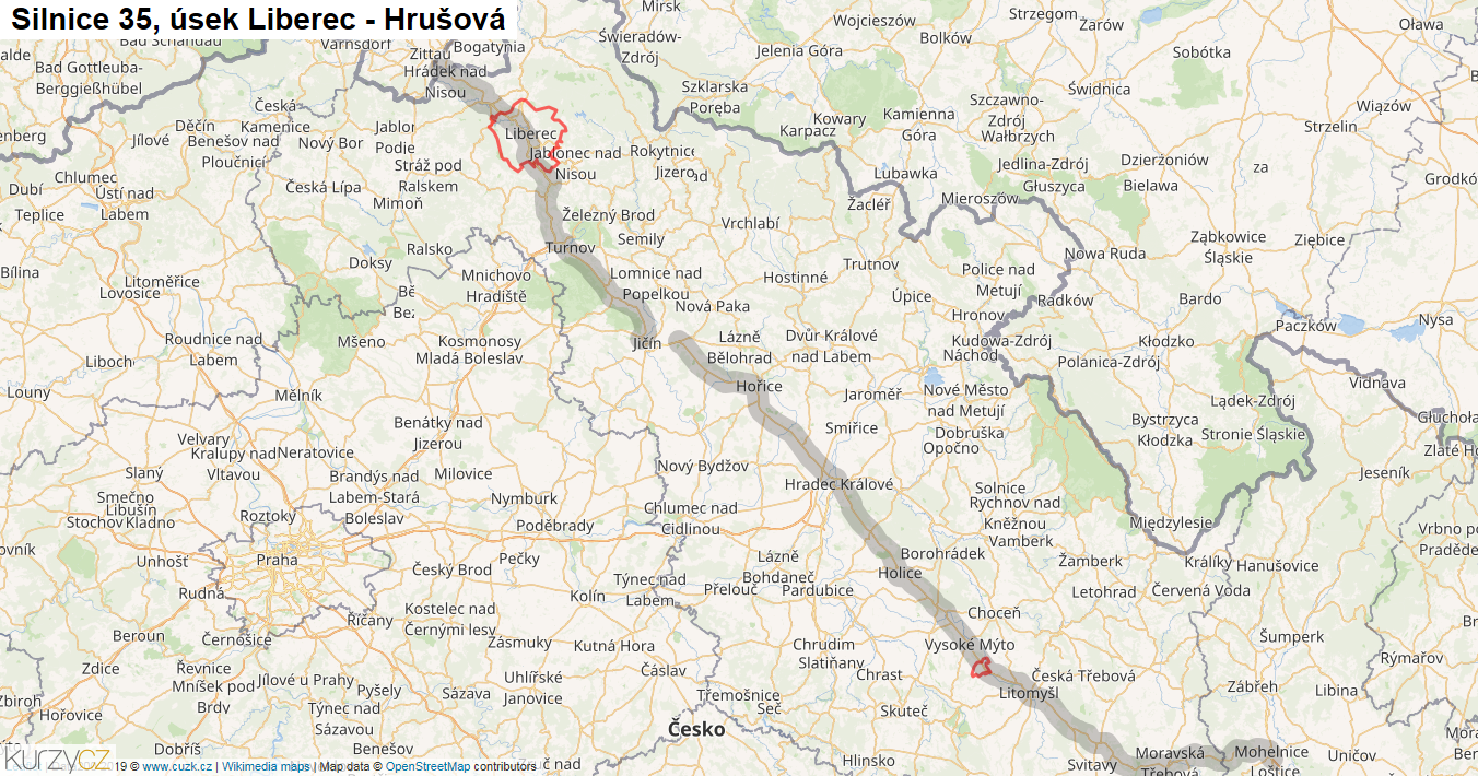 Úsek Liberec - Hrušová, Silnice 35 - Mapa