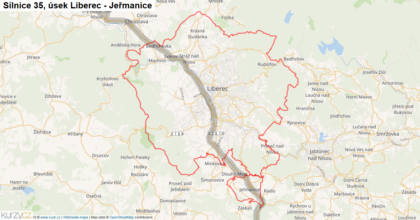 Úsek Liberec - Jeřmanice, Silnice 35 - Mapa