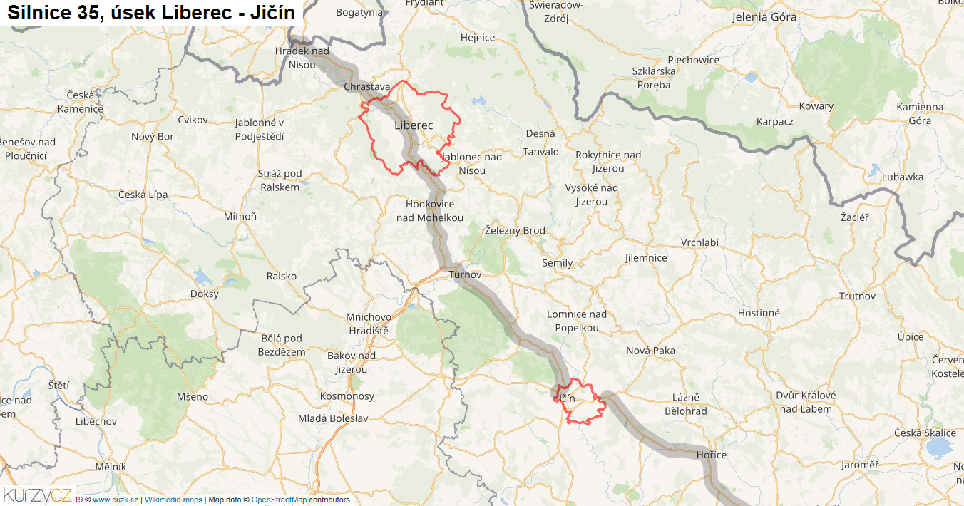 Úsek Liberec - Jičín, Silnice 35 - Mapa