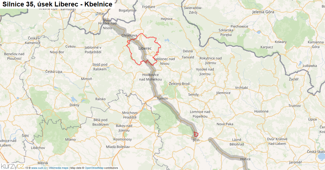 Úsek Liberec - Kbelnice, Silnice 35 - Mapa