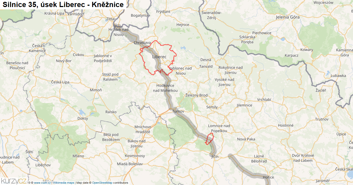Úsek Liberec - Kněžnice, Silnice 35 - Mapa