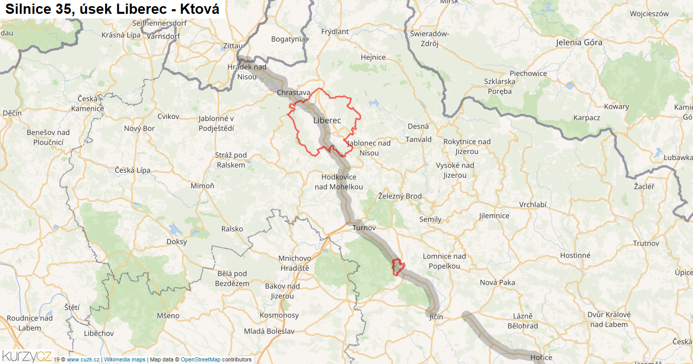 Úsek Liberec - Ktová, Silnice 35 - Mapa