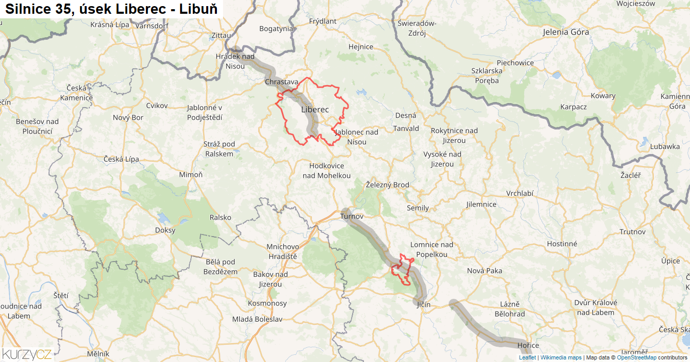 Úsek Liberec - Libuň, Silnice 35 - Mapa