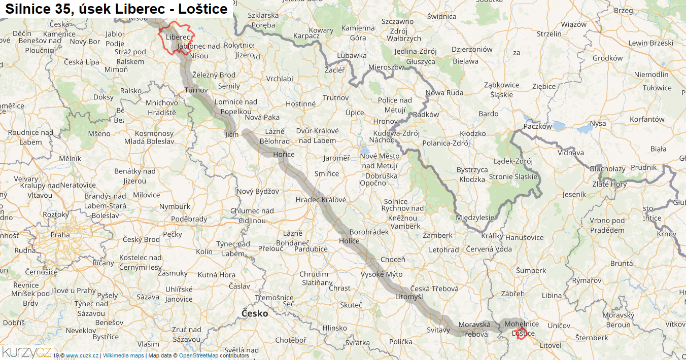 Úsek Liberec - Loštice, Silnice 35 - Mapa