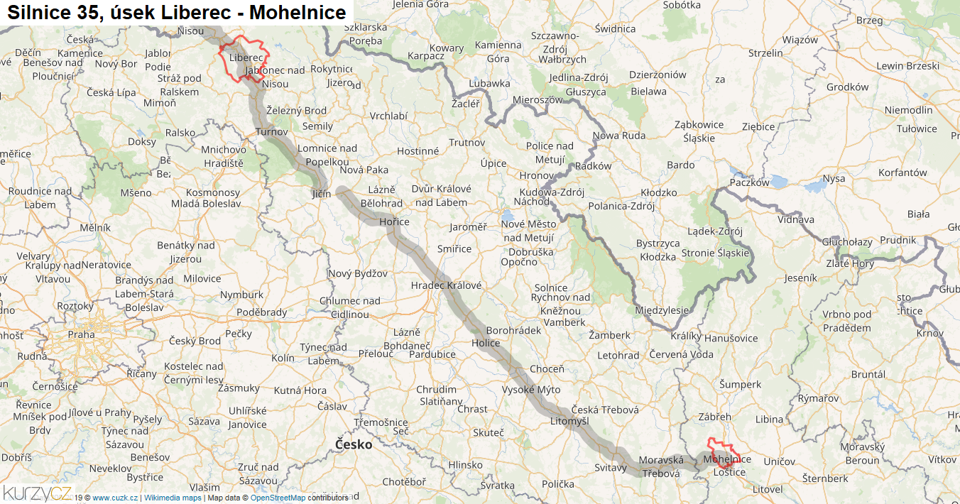 Úsek Liberec - Mohelnice, Silnice 35 - Mapa