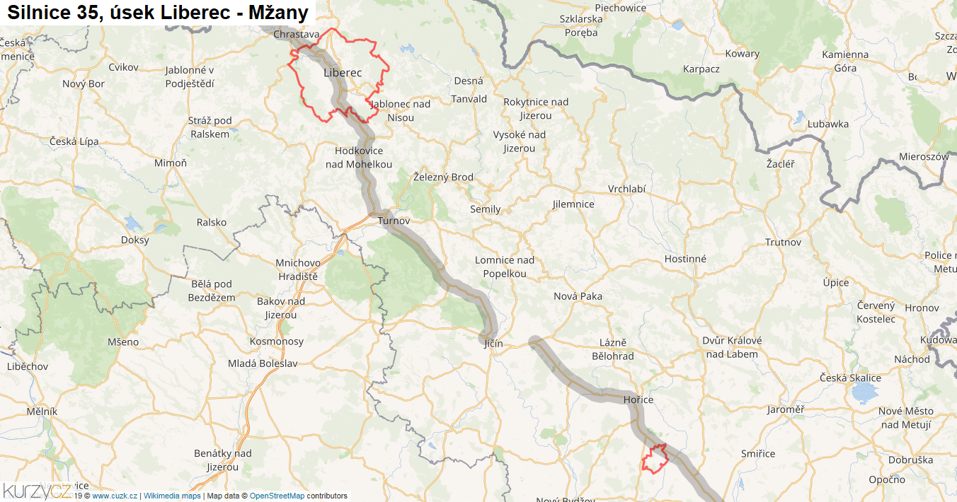 Úsek Liberec - Mžany, Silnice 35 - Mapa