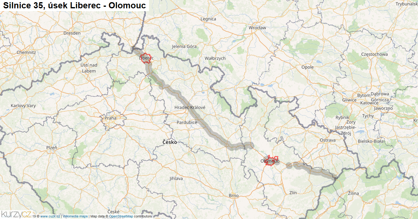 Úsek Liberec - Olomouc, Silnice 35 - Mapa