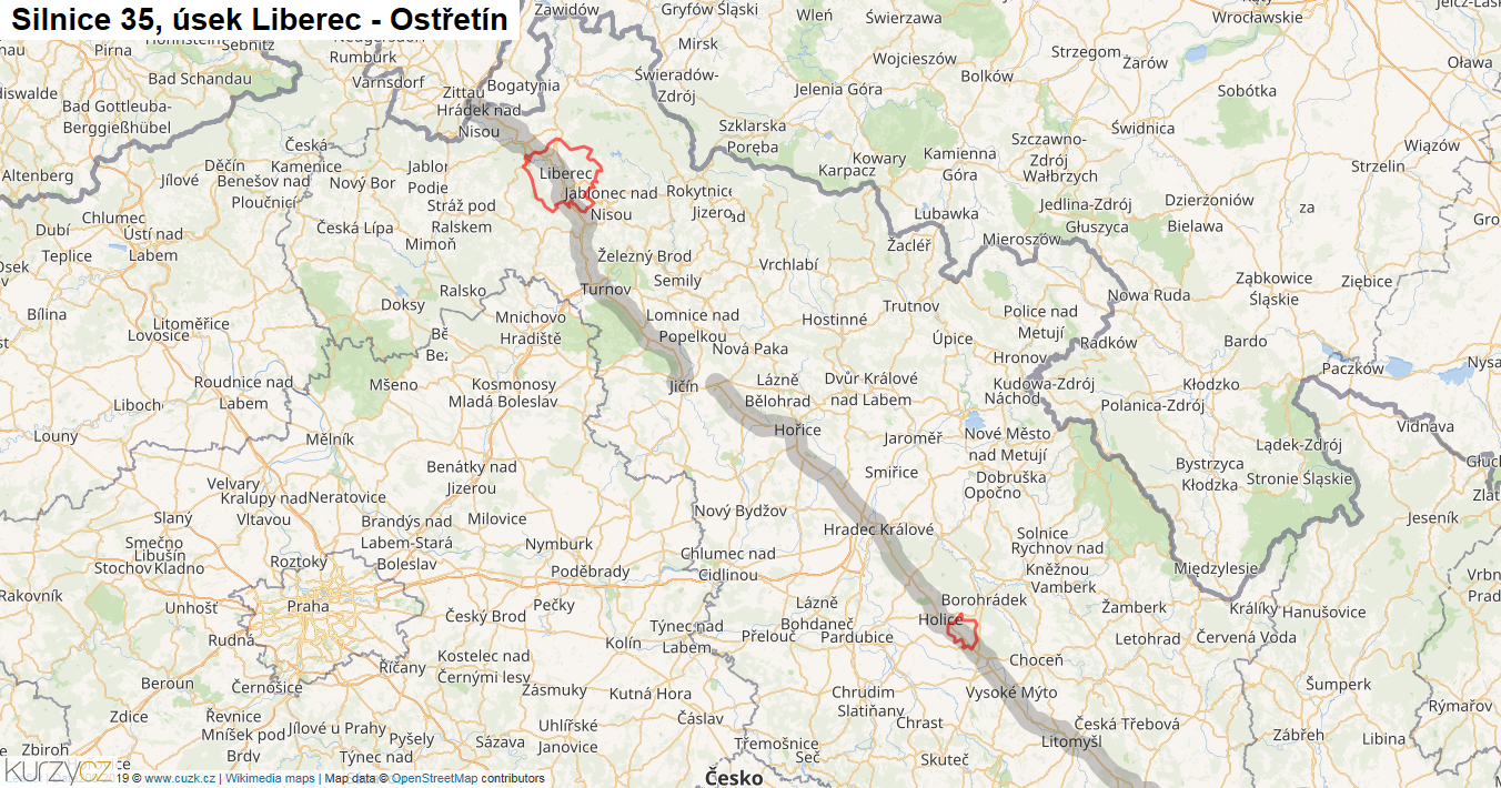Úsek Liberec - Ostřetín, Silnice 35 - Mapa