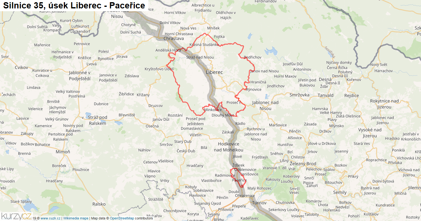 Úsek Liberec - Paceřice, Silnice 35 - Mapa