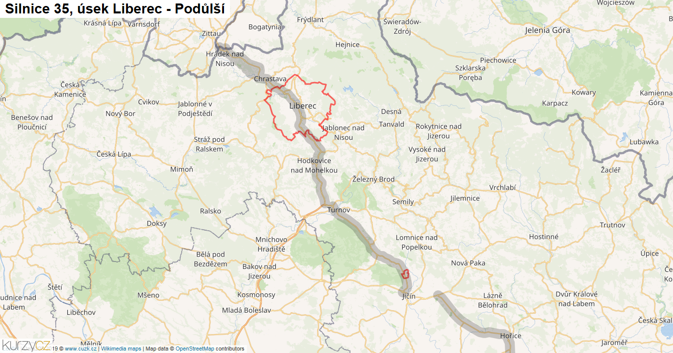 Úsek Liberec - Podůlší, Silnice 35 - Mapa