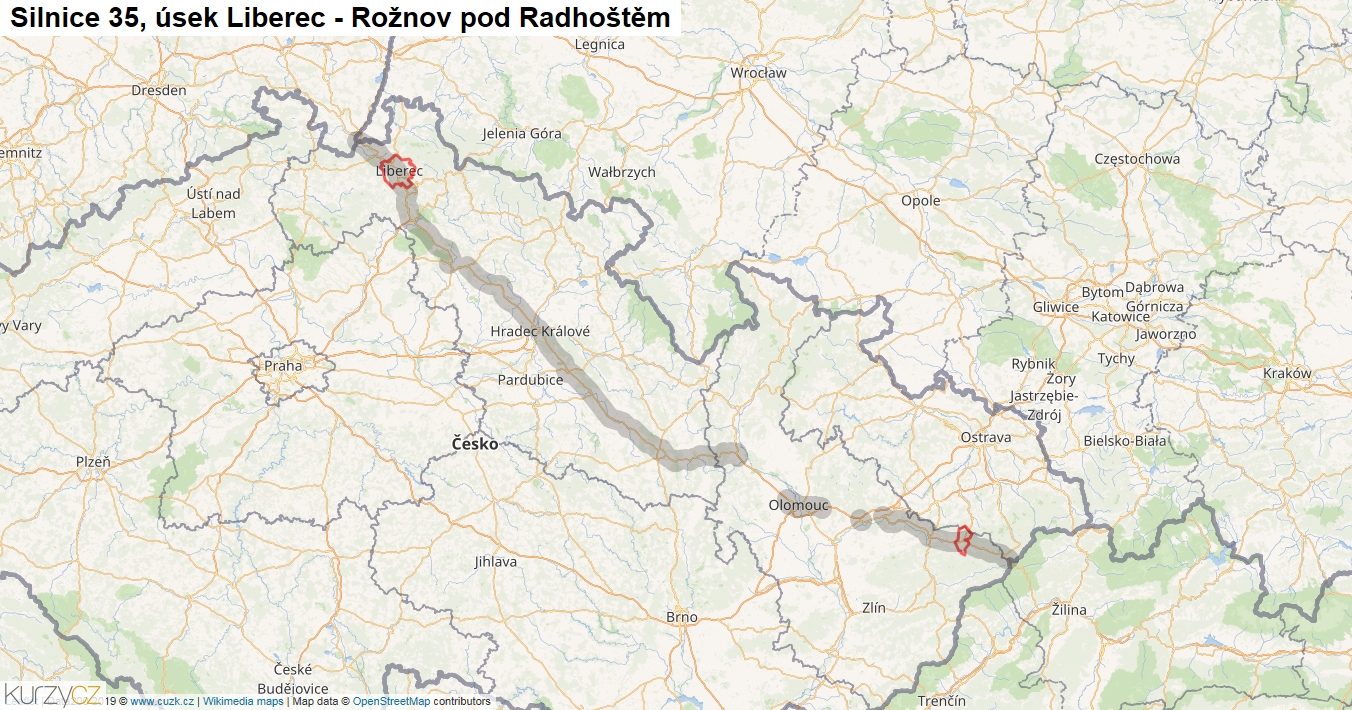 Úsek Liberec - Rožnov pod Radhoštěm, Silnice 35 - Mapa