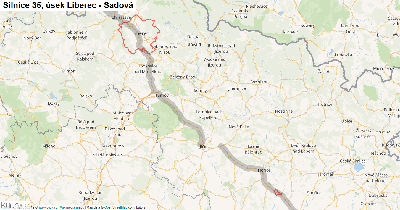 Úsek Liberec - Sadová, Silnice 35 - Mapa