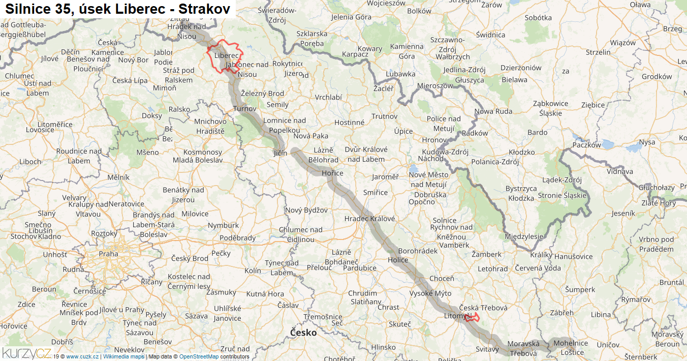 Úsek Liberec - Strakov, Silnice 35 - Mapa