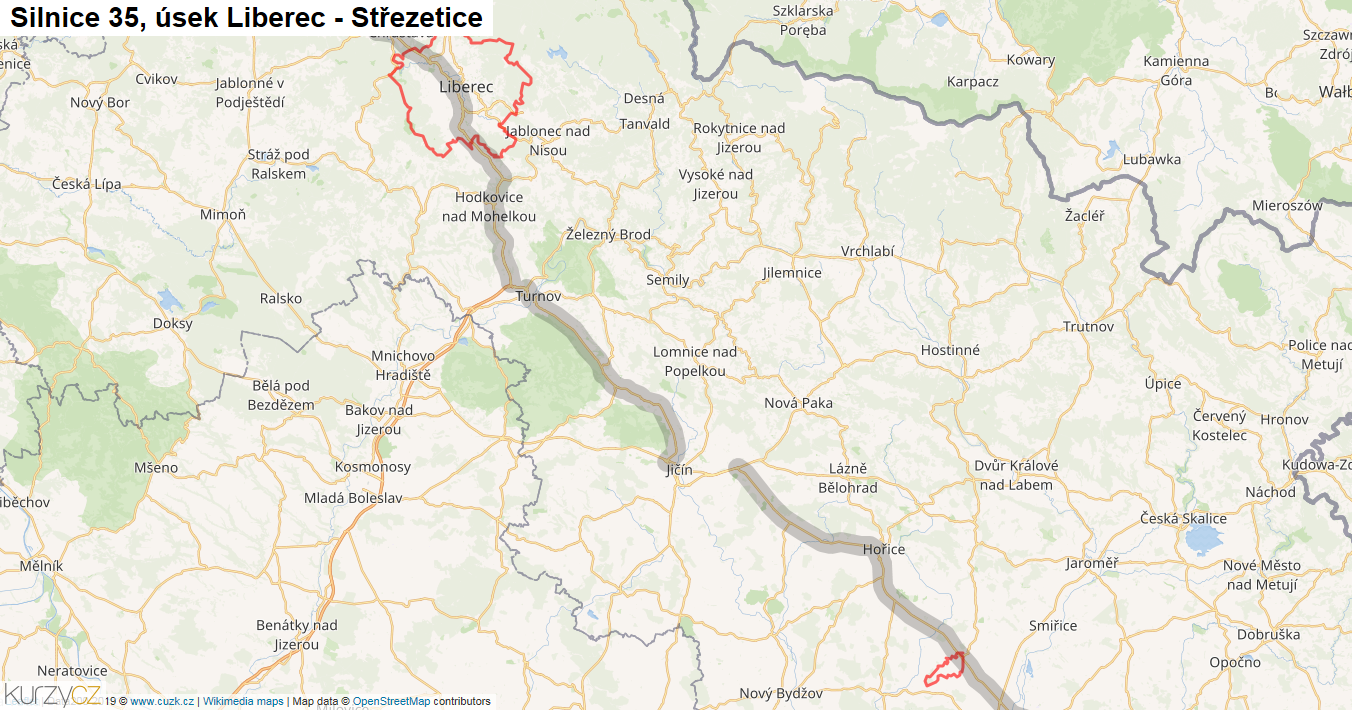 Úsek Liberec - Střezetice, Silnice 35 - Mapa