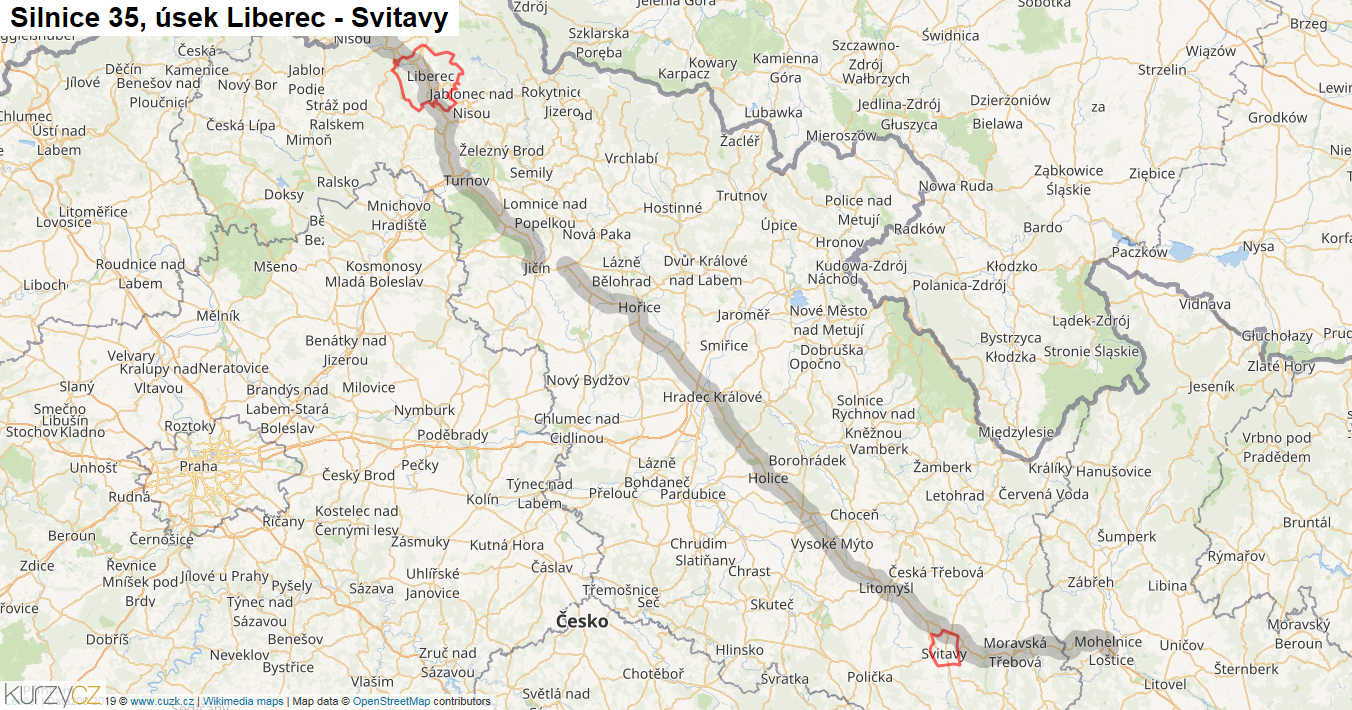 Úsek Liberec - Svitavy, Silnice 35 - Mapa