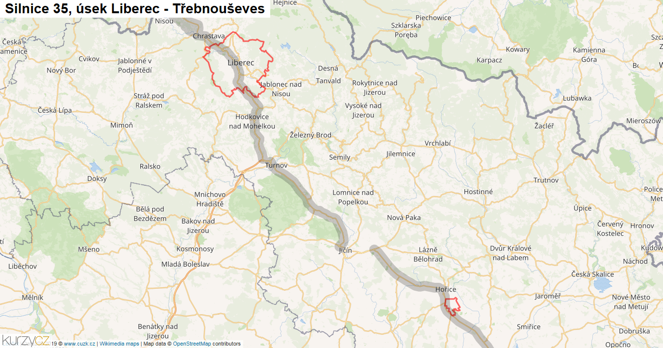 Úsek Liberec - Třebnouševes, Silnice 35 - Mapa