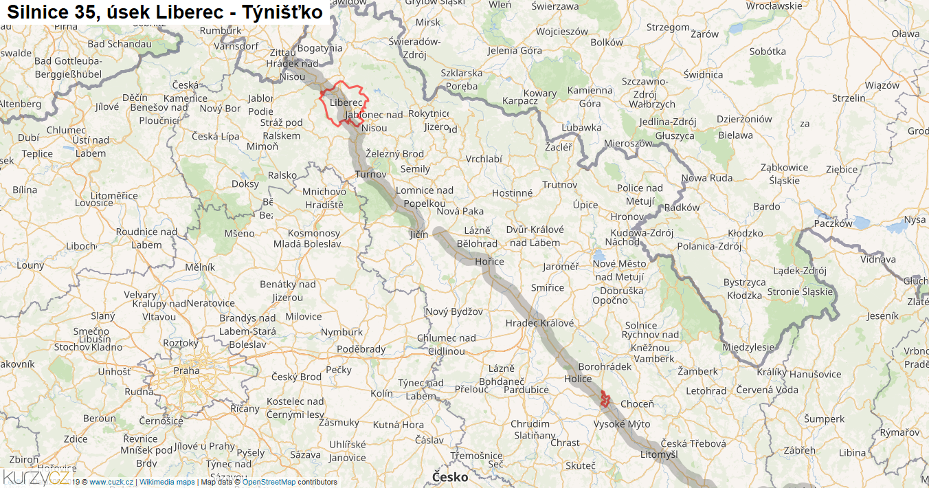 Úsek Liberec - Týnišťko, Silnice 35 - Mapa