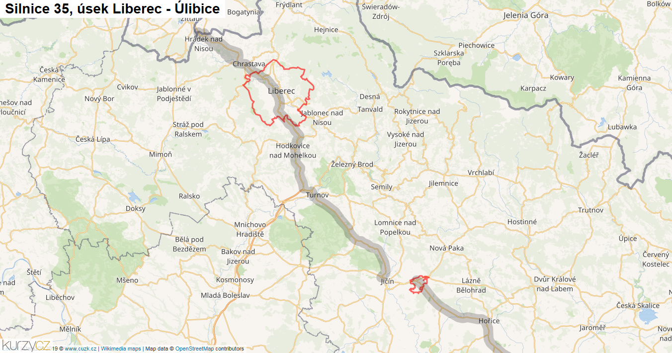 Úsek Liberec - Úlibice, Silnice 35 - Mapa