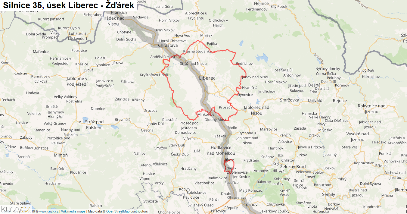 Úsek Liberec - Žďárek, Silnice 35 - Mapa