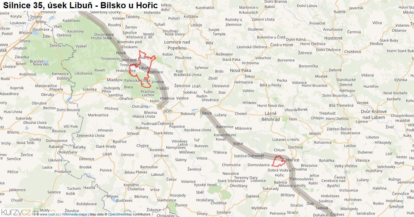 Úsek Libuň - Bílsko u Hořic, Silnice 35 - Mapa