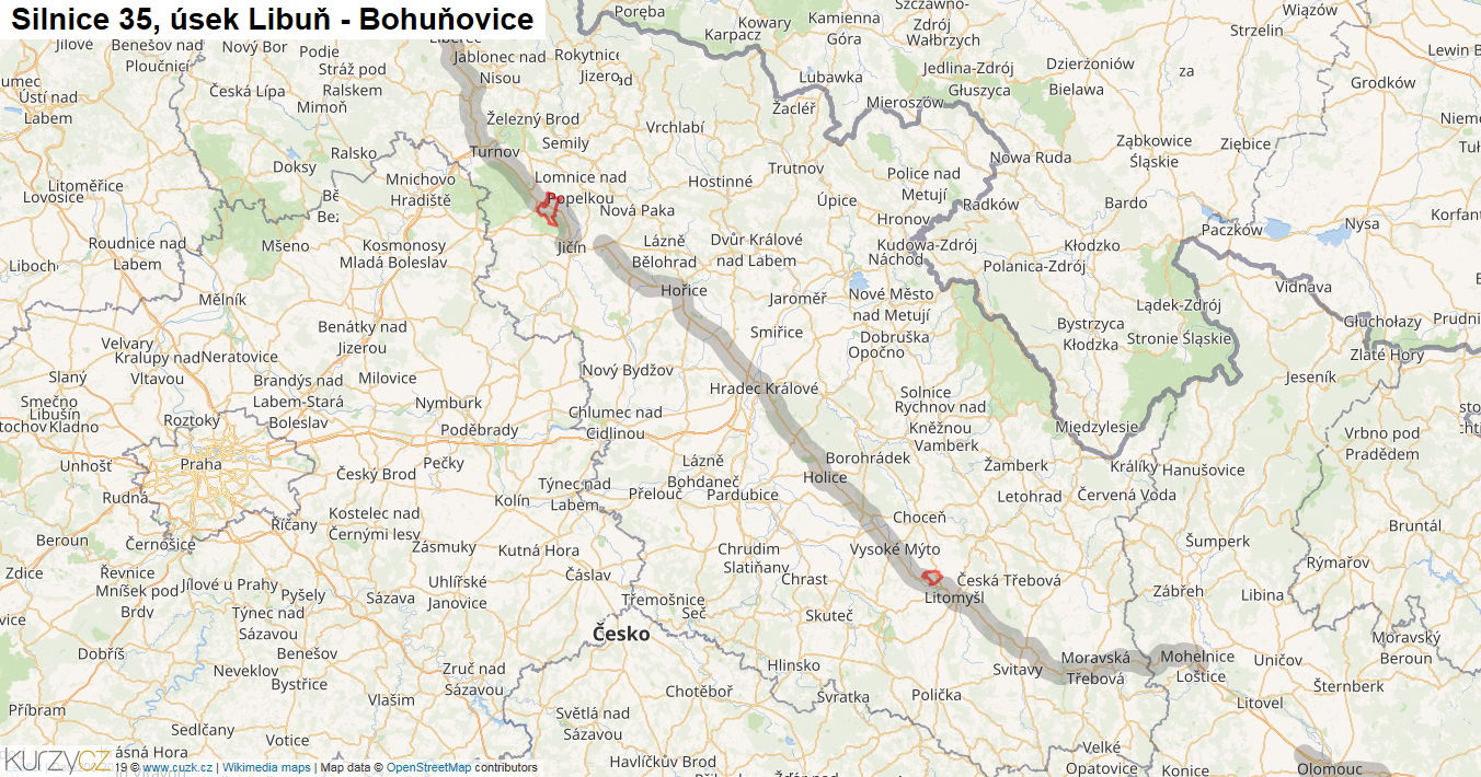 Úsek Libuň - Bohuňovice, Silnice 35 - Mapa