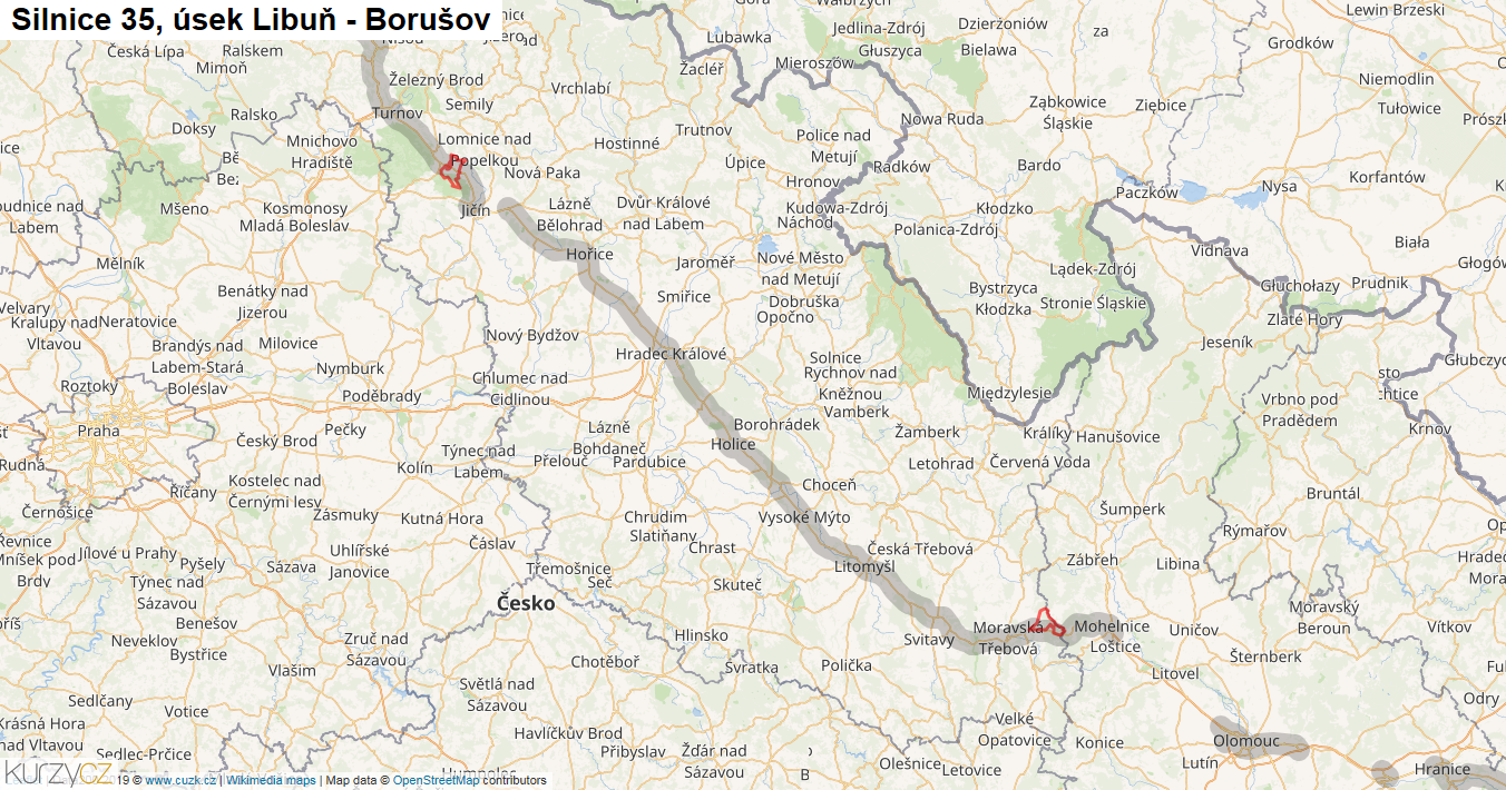 Úsek Libuň - Borušov, Silnice 35 - Mapa