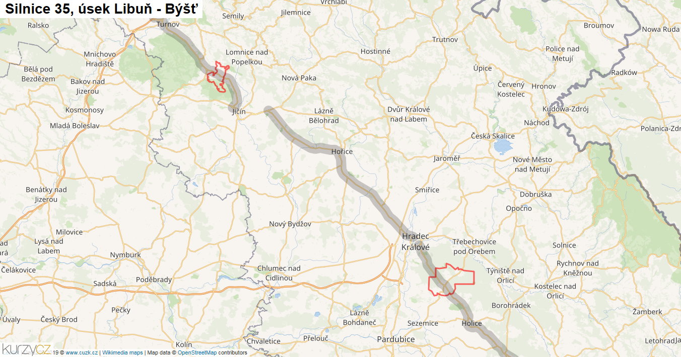 Úsek Libuň - Býšť, Silnice 35 - Mapa