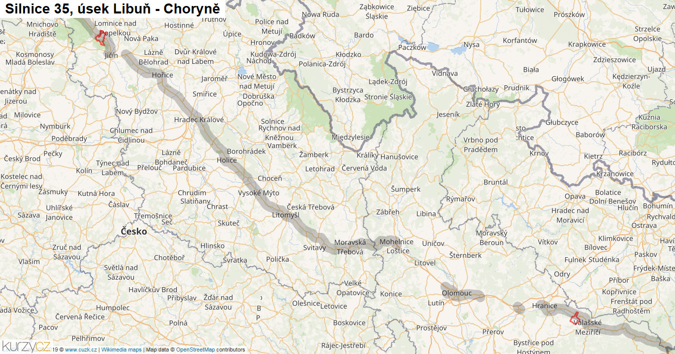 Úsek Libuň - Choryně, Silnice 35 - Mapa
