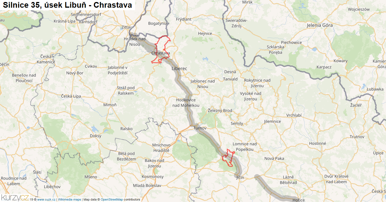 Úsek Libuň - Chrastava, Silnice 35 - Mapa