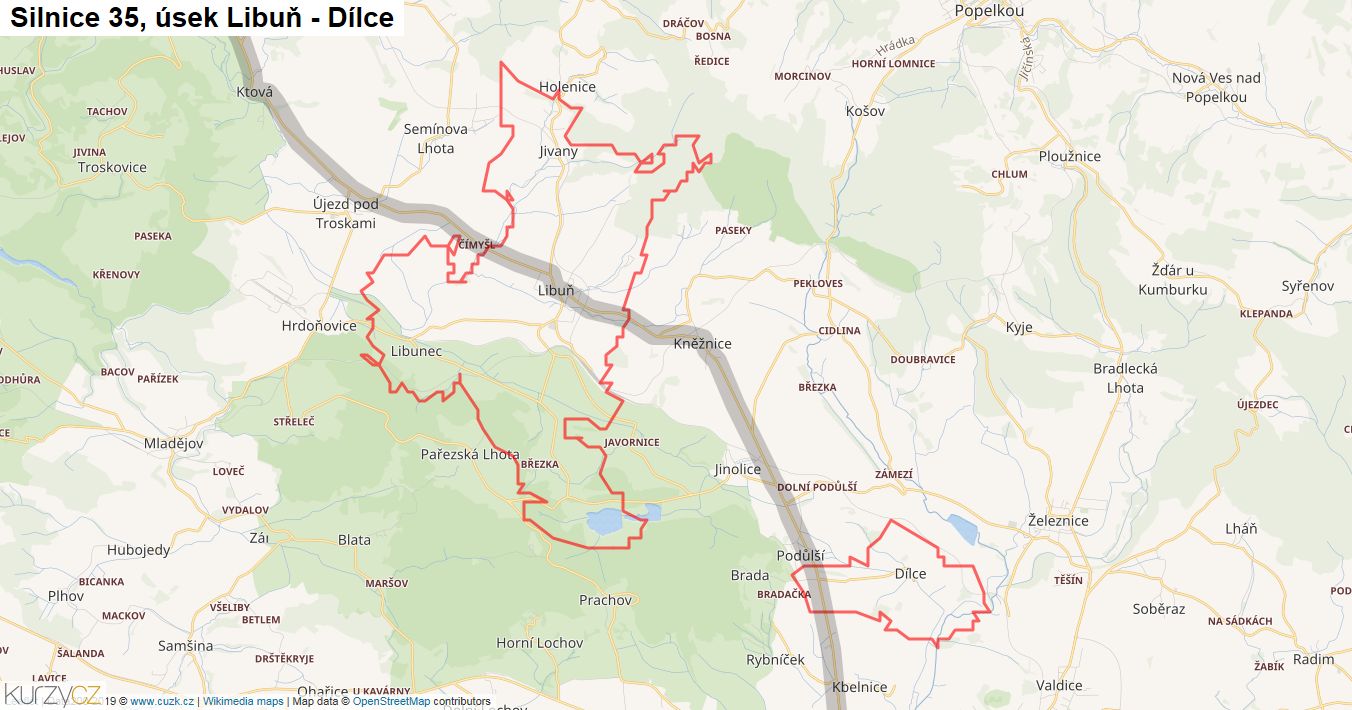 Úsek Libuň - Dílce, Silnice 35 - Mapa