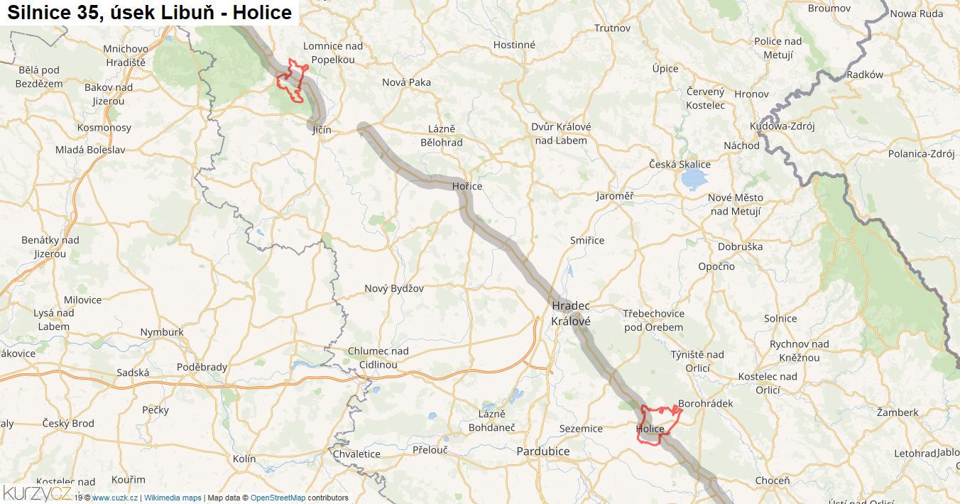Úsek Libuň - Holice, Silnice 35 - Mapa