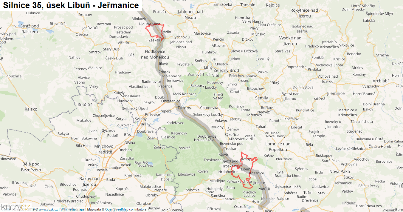 Úsek Libuň - Jeřmanice, Silnice 35 - Mapa