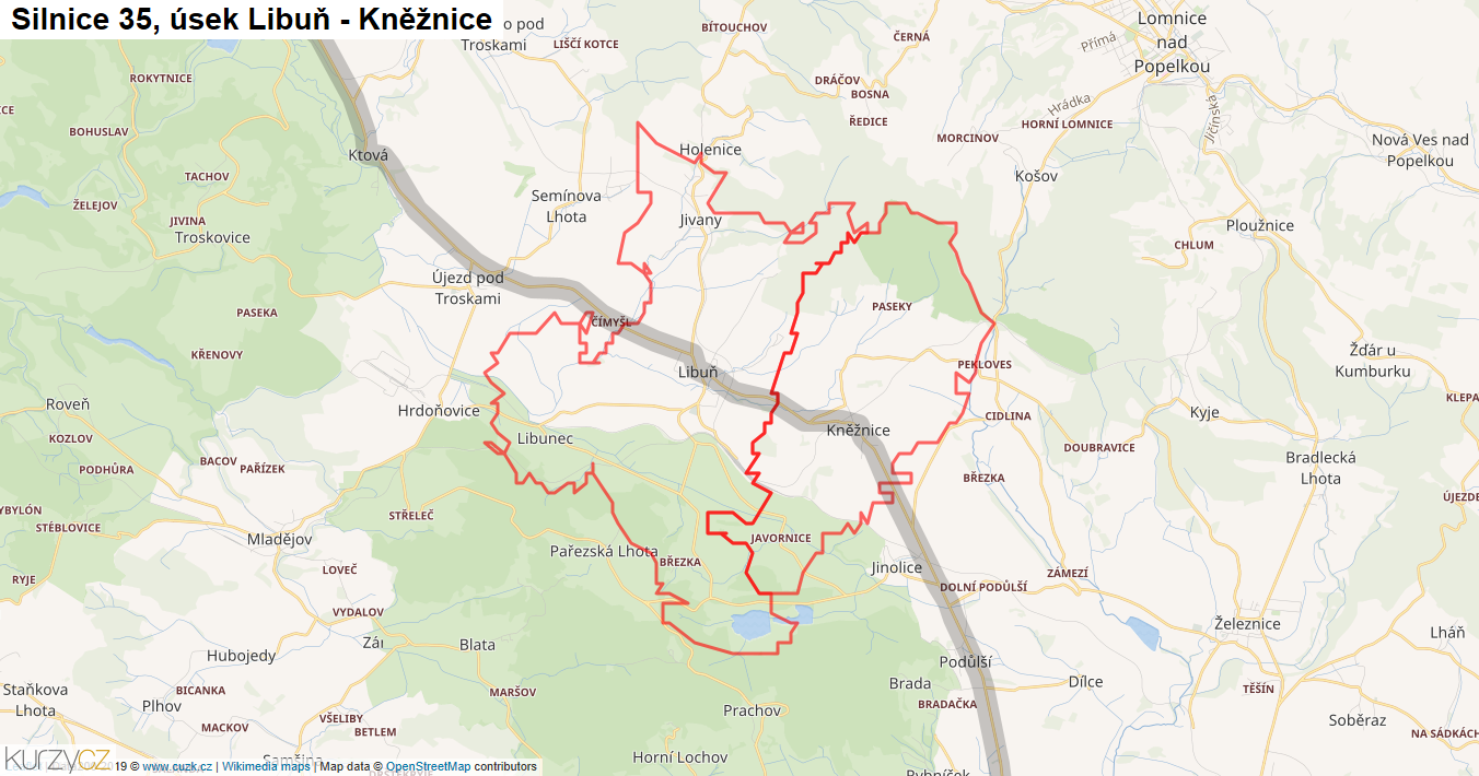 Úsek Libuň - Kněžnice, Silnice 35 - Mapa