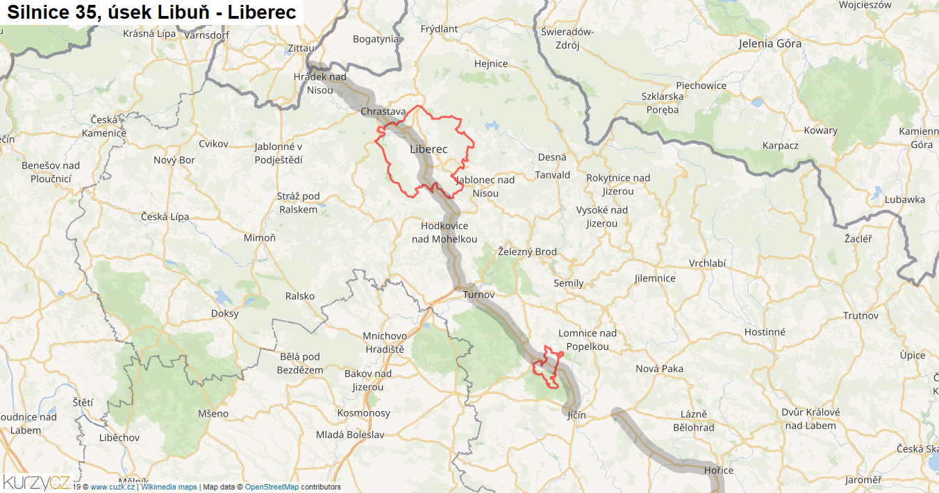 Úsek Libuň - Liberec, Silnice 35 - Mapa