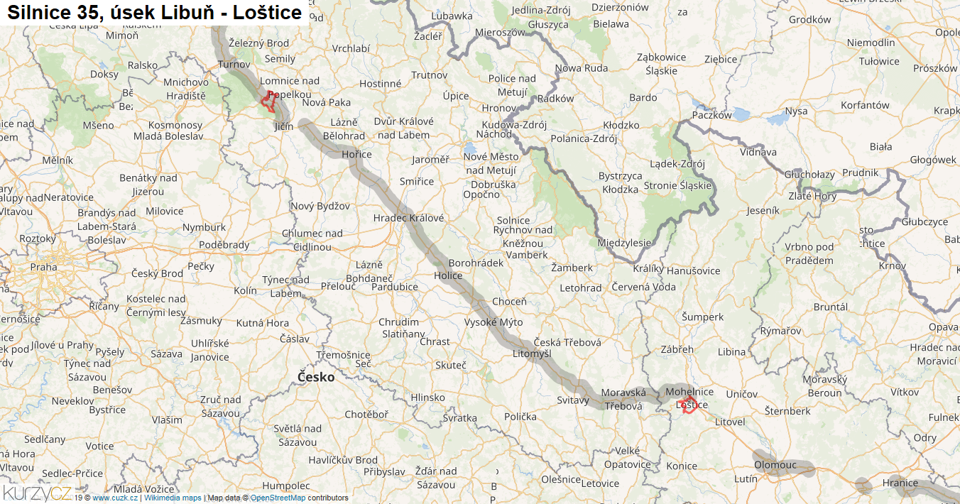 Úsek Libuň - Loštice, Silnice 35 - Mapa