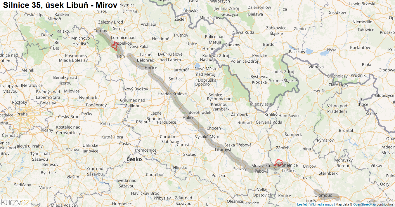Úsek Libuň - Mírov, Silnice 35 - Mapa