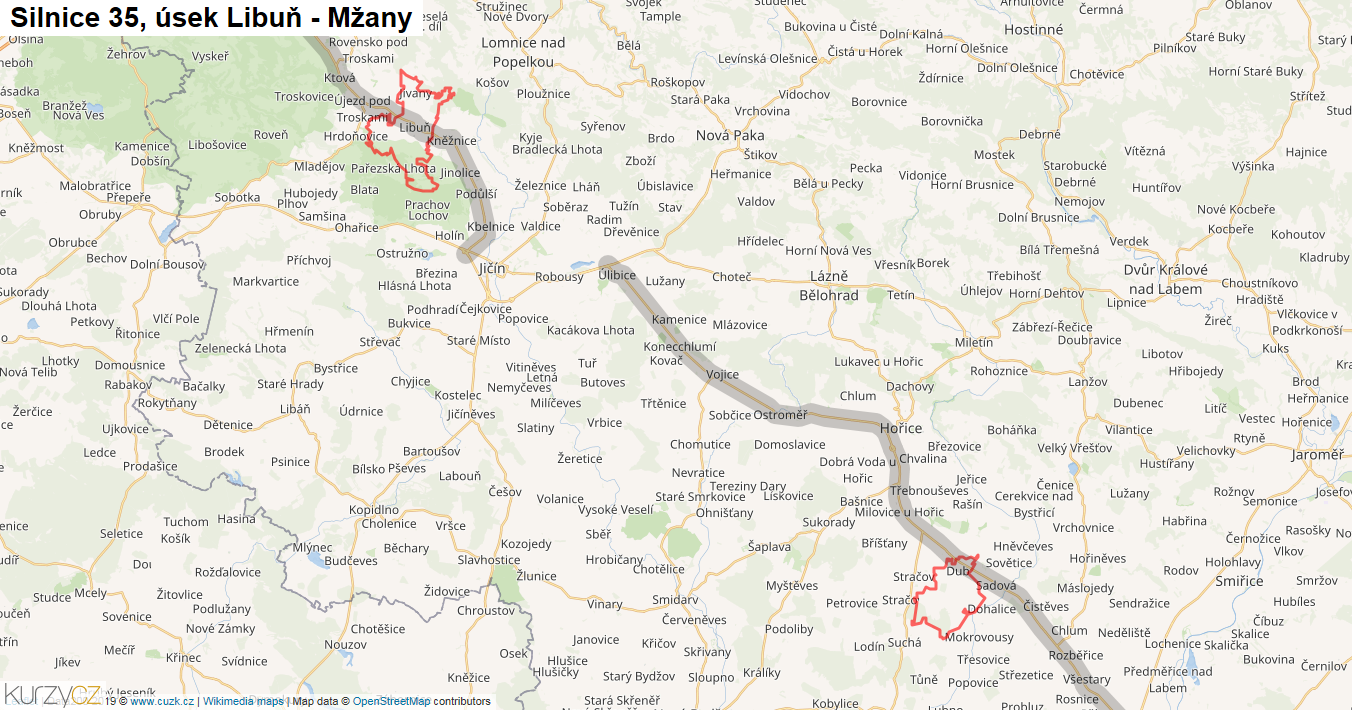 Úsek Libuň - Mžany, Silnice 35 - Mapa