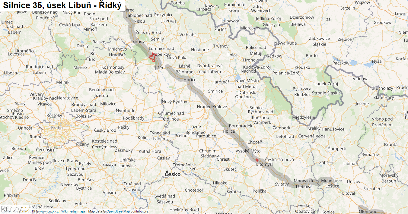 Úsek Libuň - Řídký, Silnice 35 - Mapa