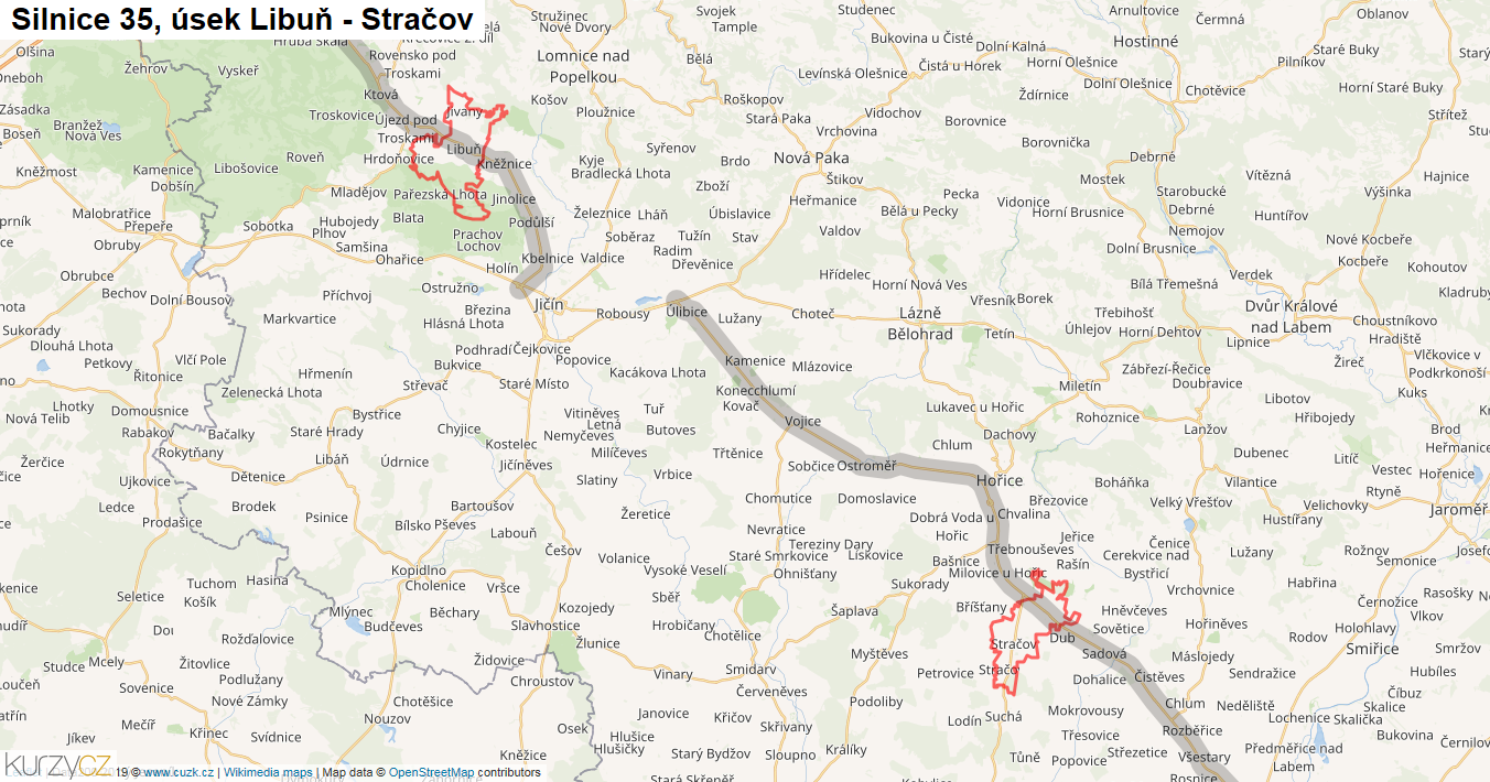 Úsek Libuň - Stračov, Silnice 35 - Mapa