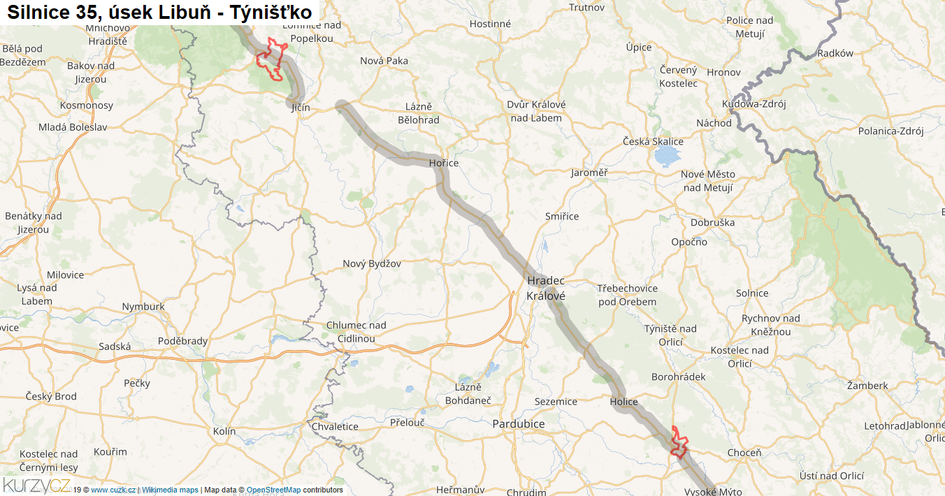 Úsek Libuň - Týnišťko, Silnice 35 - Mapa