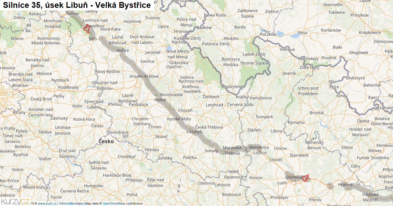 Úsek Libuň - Velká Bystřice, Silnice 35 - Mapa