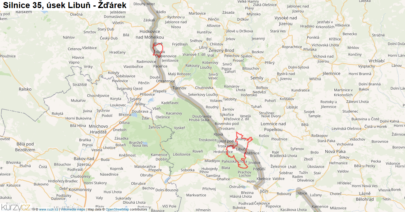 Úsek Libuň - Žďárek, Silnice 35 - Mapa