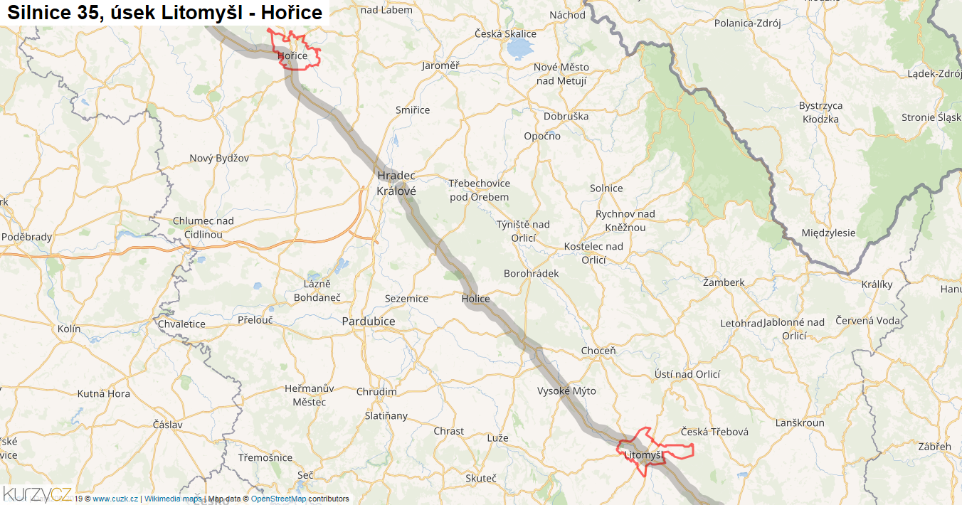 Úsek Litomyšl - Hořice, Silnice 35 - Mapa