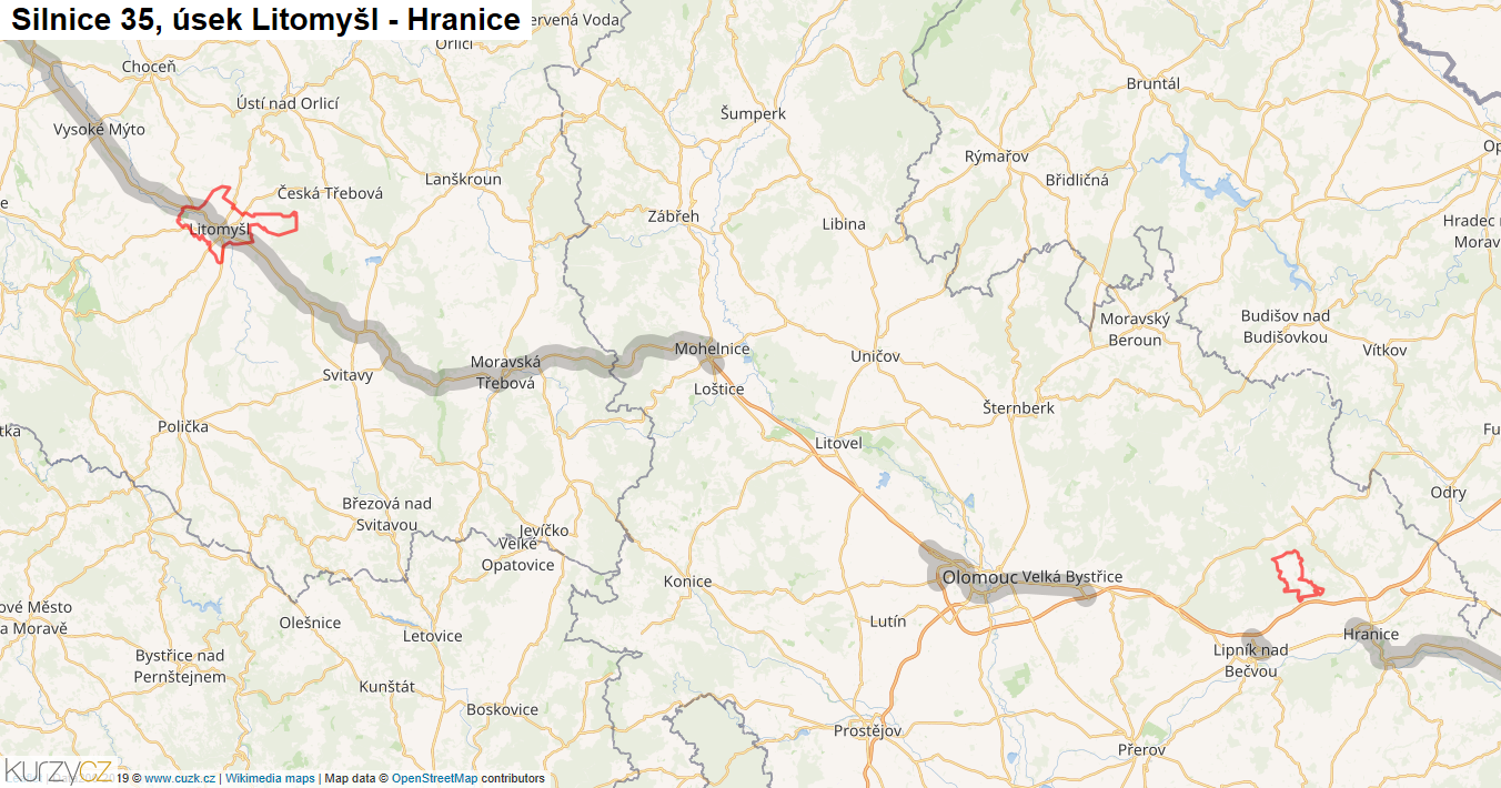 Úsek Litomyšl - Hranice, Silnice 35 - Mapa