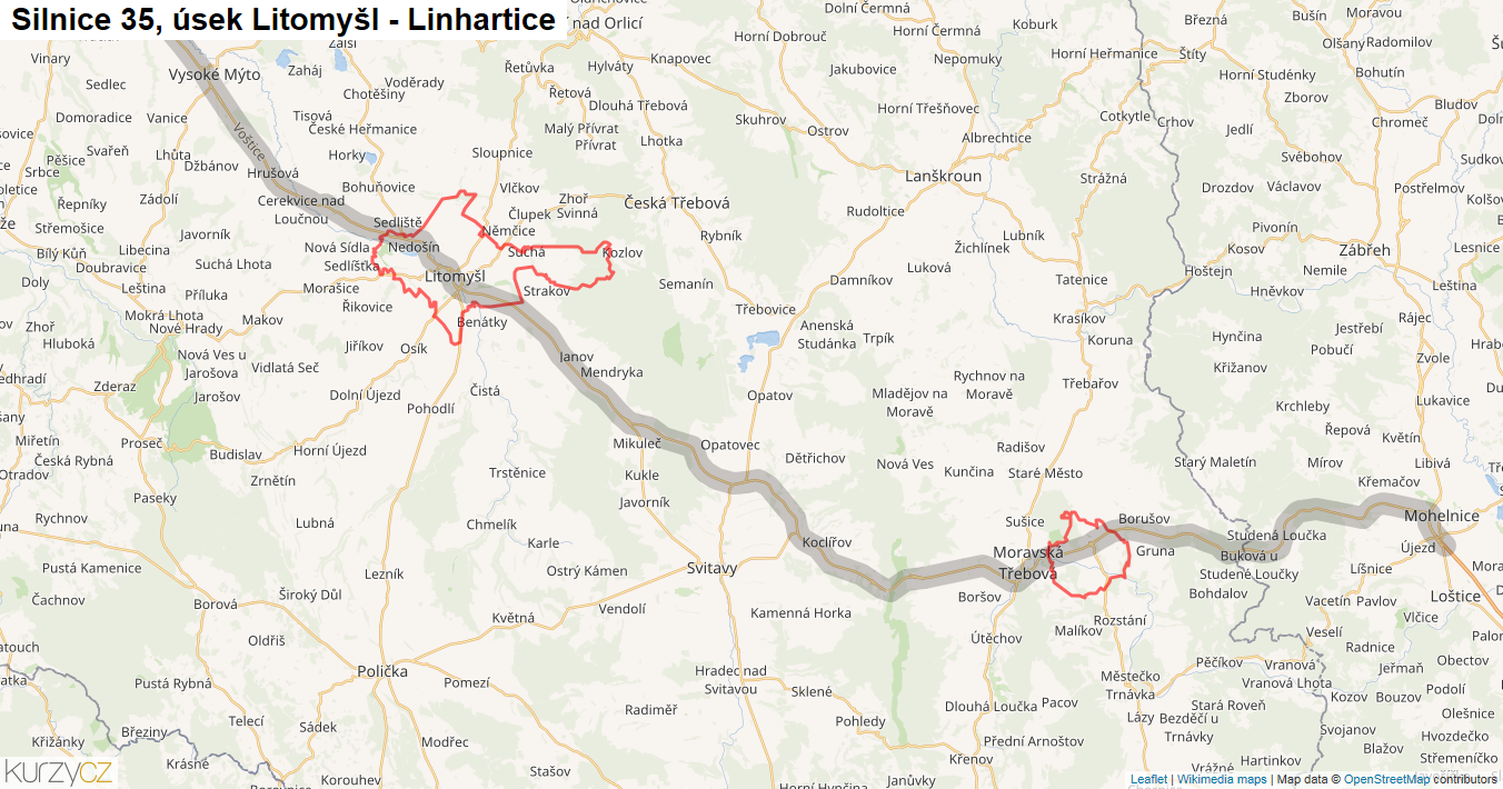 Úsek Litomyšl - Linhartice, Silnice 35 - Mapa