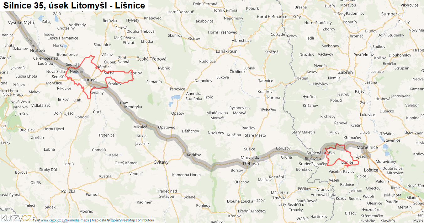 Úsek Litomyšl - Líšnice, Silnice 35 - Mapa