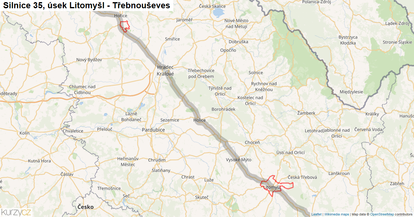 Úsek Litomyšl - Třebnouševes, Silnice 35 - Mapa