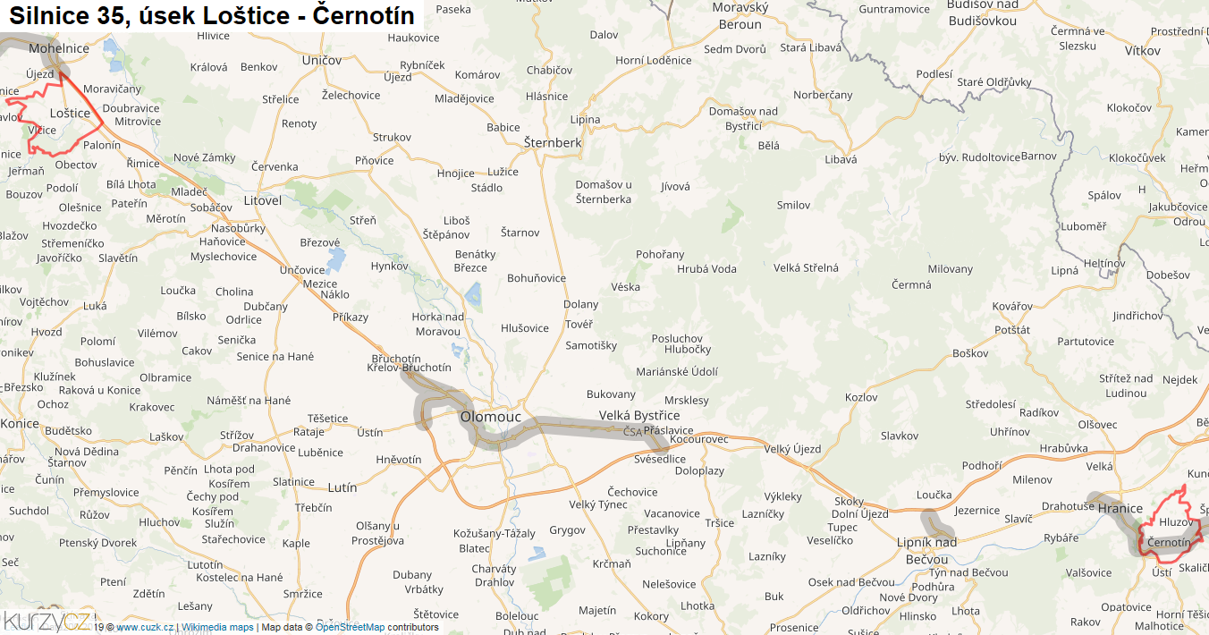 Úsek Loštice - Černotín, Silnice 35 - Mapa
