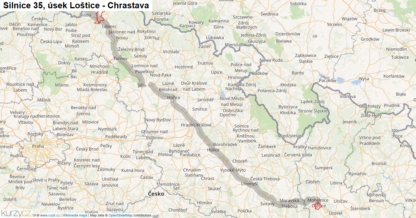 Úsek Loštice - Chrastava, Silnice 35 - Mapa