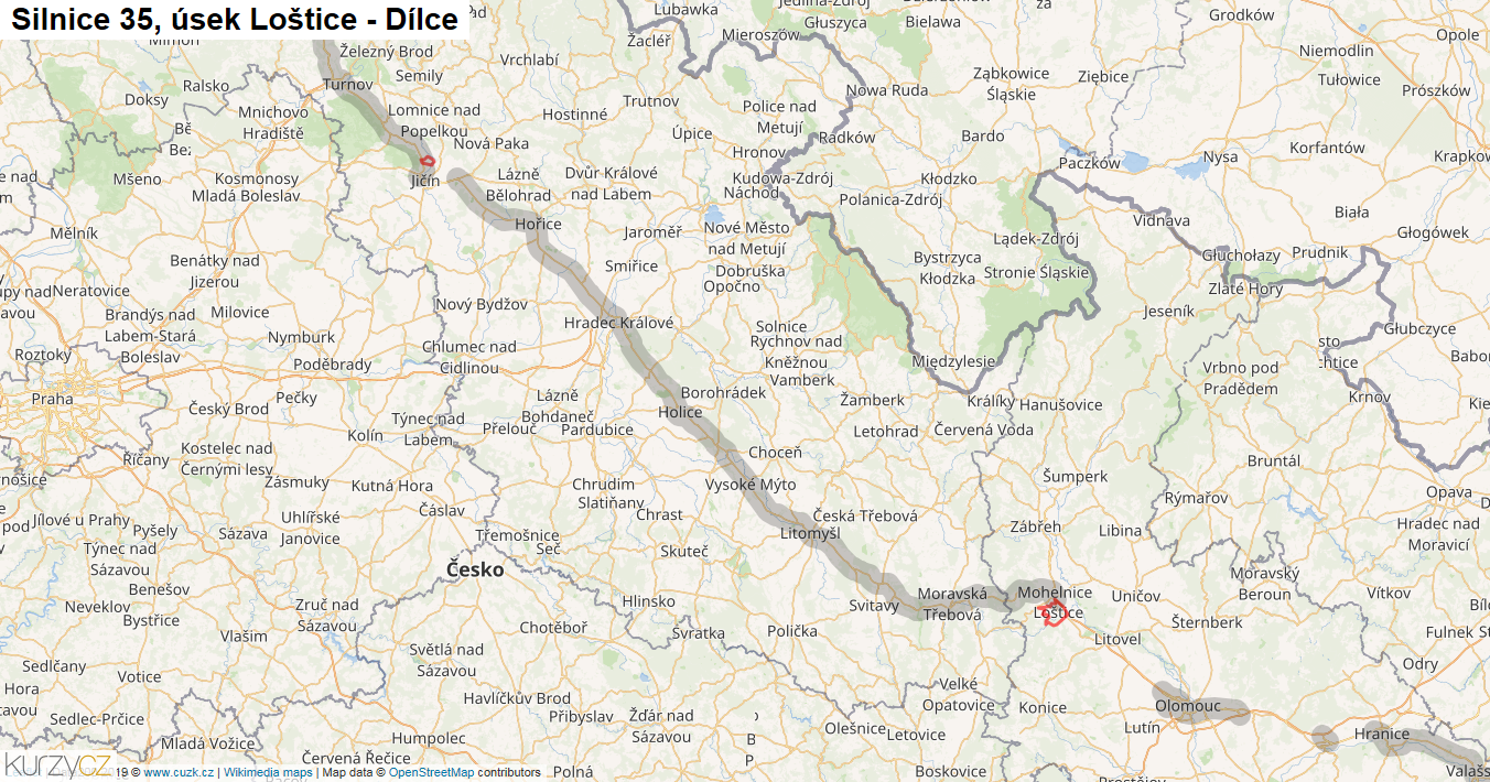 Úsek Loštice - Dílce, Silnice 35 - Mapa